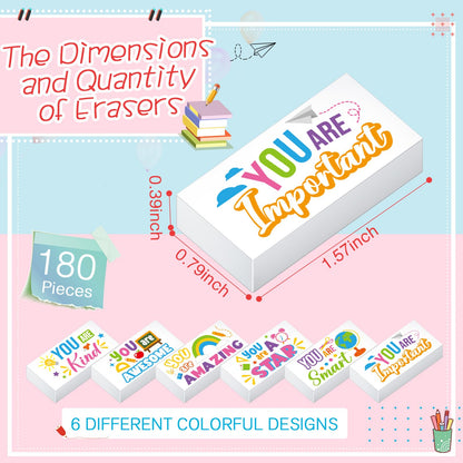 Resurhang 180 Pcs Erasers Bulk for Kids Inspirational Pencil Erasers Bulk for Drawing Motivational Big Eraser School Supplies for Classrooms Back to School Office (Inspirational,White)