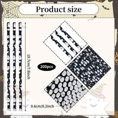 Whaline 200Pcs Halloween Paper Straws Iridescent Ghost Disposable Straws Black Silver Laser Ghost Drinking Straw for Halloween Spooky Party Supplies