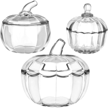 3 Pcs Halloween Pumpkin Candy Jar with Lids Glass Candy Bowl Cute Clear Cookie Storage Jar Crystal Candy Dish Office Desk Decorative Jars for Halloween Party Decoration Home Holiday Supplies Gift