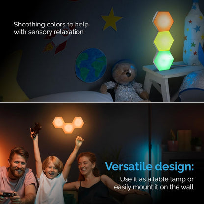 Emberela HEXlights Sensory Lights for Kids - 3pk Touch Hexagon Lights, Remote Controlled - Autism-Friendly Tap Tap Wall LED Panels for Sensory Room - Table Stand Included | Gifts for Kids with Autism