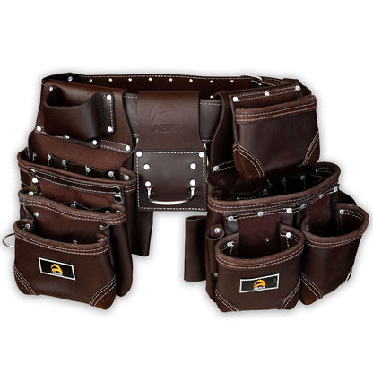 ABRIX Heavy Duty Tool Belt for Men – 4MM Thick Genuine Leather, Brass Buckle & Rivets | Foam Padded Comfort | 28-Pocket Carpenter & Framing Rig | Fits Waist 32 to 52 Inches | Professional Work Belt