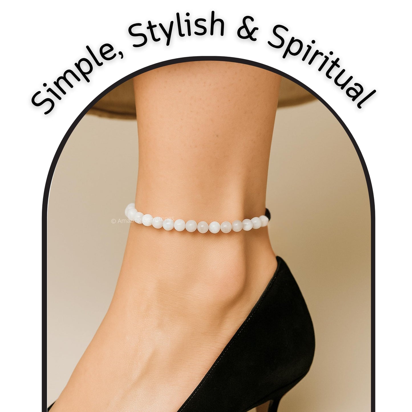 Amazing Gemstone Rainbow Moonstone Anklet Ankle Bracelets for Women - Waterproof Beaded Healing Crystal Anklets, Plus Size Chakra Gemstone Bead Anklet (Stretchy Adjustable - Plain)
