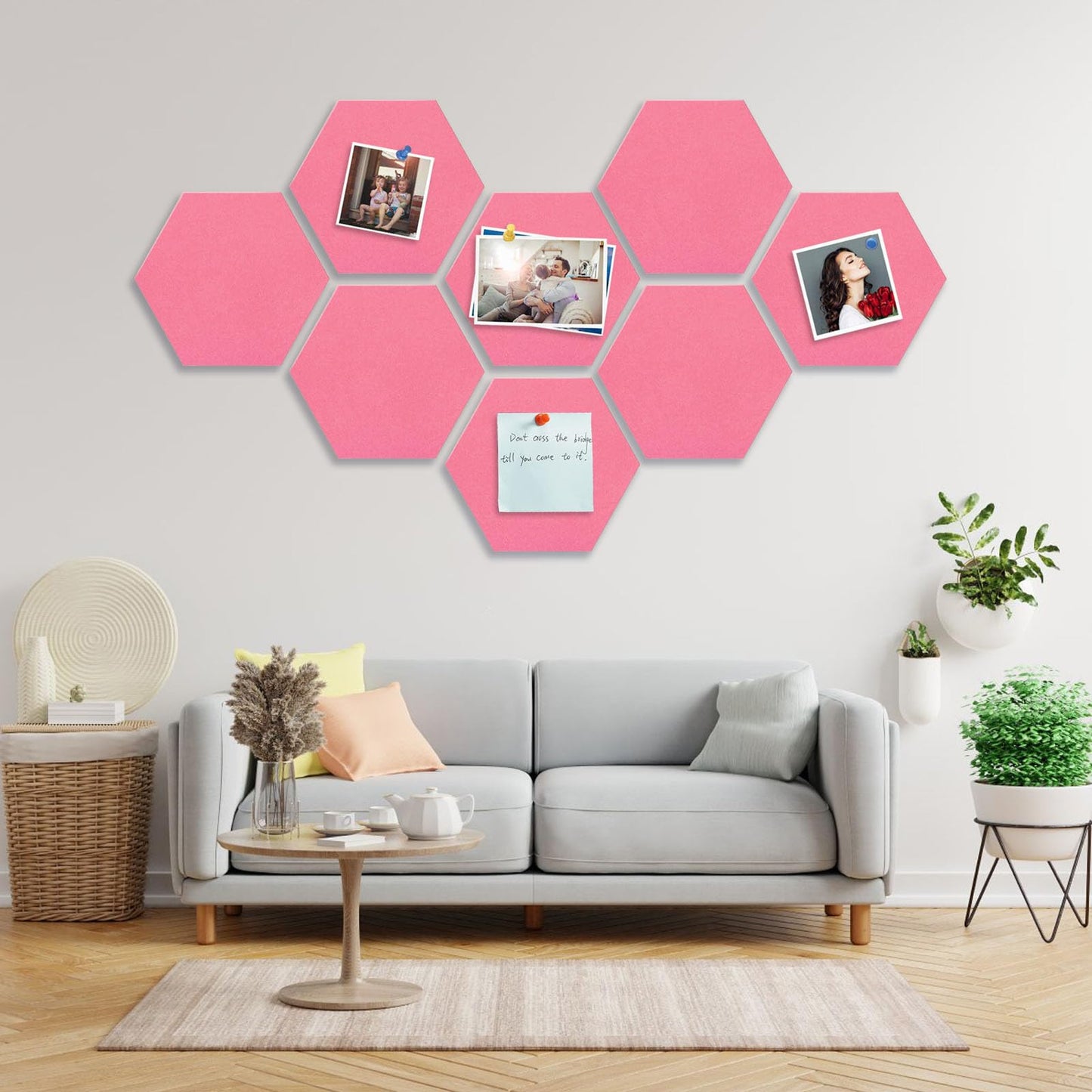 8 Packs Pink Hexagon Felt Pin Board, 12" Bulletin Board with 30 Push Pins, Felt Board for Home Kitchen Office Decor, Self-Adhesive Corkboard Tiles for Walls School Message Photos Memos