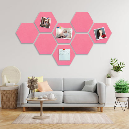 8 Packs Pink Hexagon Felt Pin Board, 12" Bulletin Board with 30 Push Pins, Felt Board for Home Kitchen Office Decor, Self-Adhesive Corkboard Tiles for Walls School Message Photos Memos
