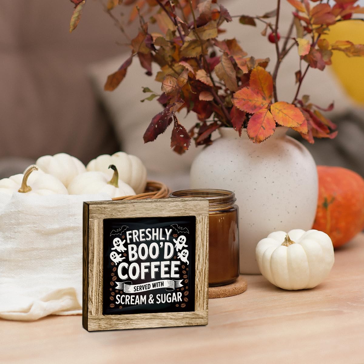 Funny Halloween Ghost Decor, Freshly Boo'd Coffee Sign, Kitchen Decoration for Shelf, Farmhouse Tabletop Decors, Coffee Lover Home Decors, Halloween Cafe Bar Decor 5.9x5.9 inches