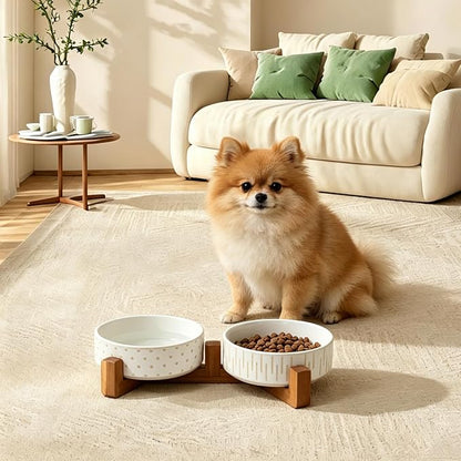Ceramic Dog Bowl Set with Acacia Wood Stand, 1.5–2 Cups Food & 15oz Water Ceramic Pet Bowls, Lead-Free, Smooth Glaze with Non-Slip Base for Cats and Small Dogs
