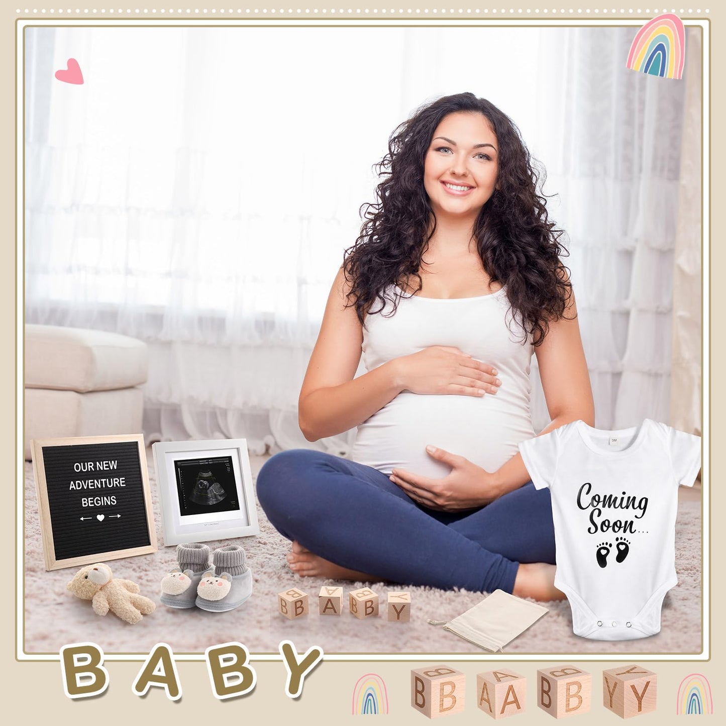 Canlierr 9 Pcs Pregnancy Announcement Set Pregnancy Reveal Ideas Felt Letter Board Baby Bodysuit Booties Photo Frame Bear Plush Wood Blocks for Coming Soon Baby Announcement(White)