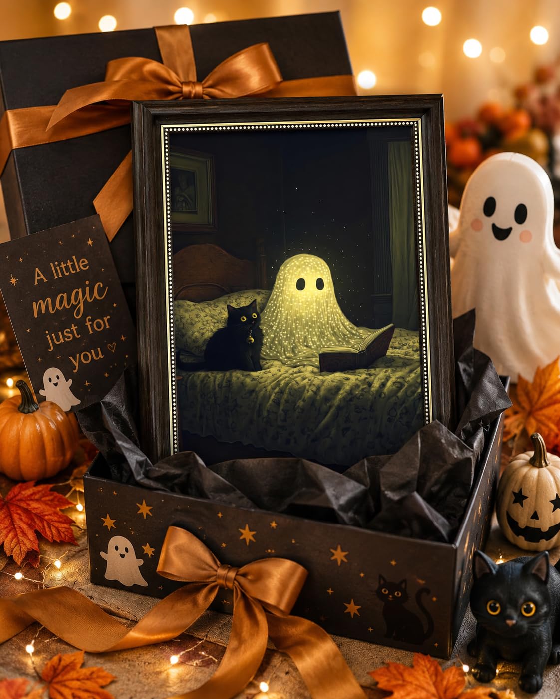 Ghost and Black Cat Wall Art 9x11, Dark Brown Framed Canvas Print, Cute Spooky Reading Ghost Picture, Halloween Bedroom Decor for Cat Lovers