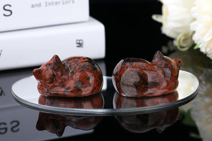 YATOJUZI 2" Cat Decors Statue Red Obsidian Crystals Sleeping Cats Gemstone Hand-Carved Cute Animal Statues Figurine Stones Room Home Office Desk Decor Lucky Reiki Kitten Ornaments Gifts for Women Men