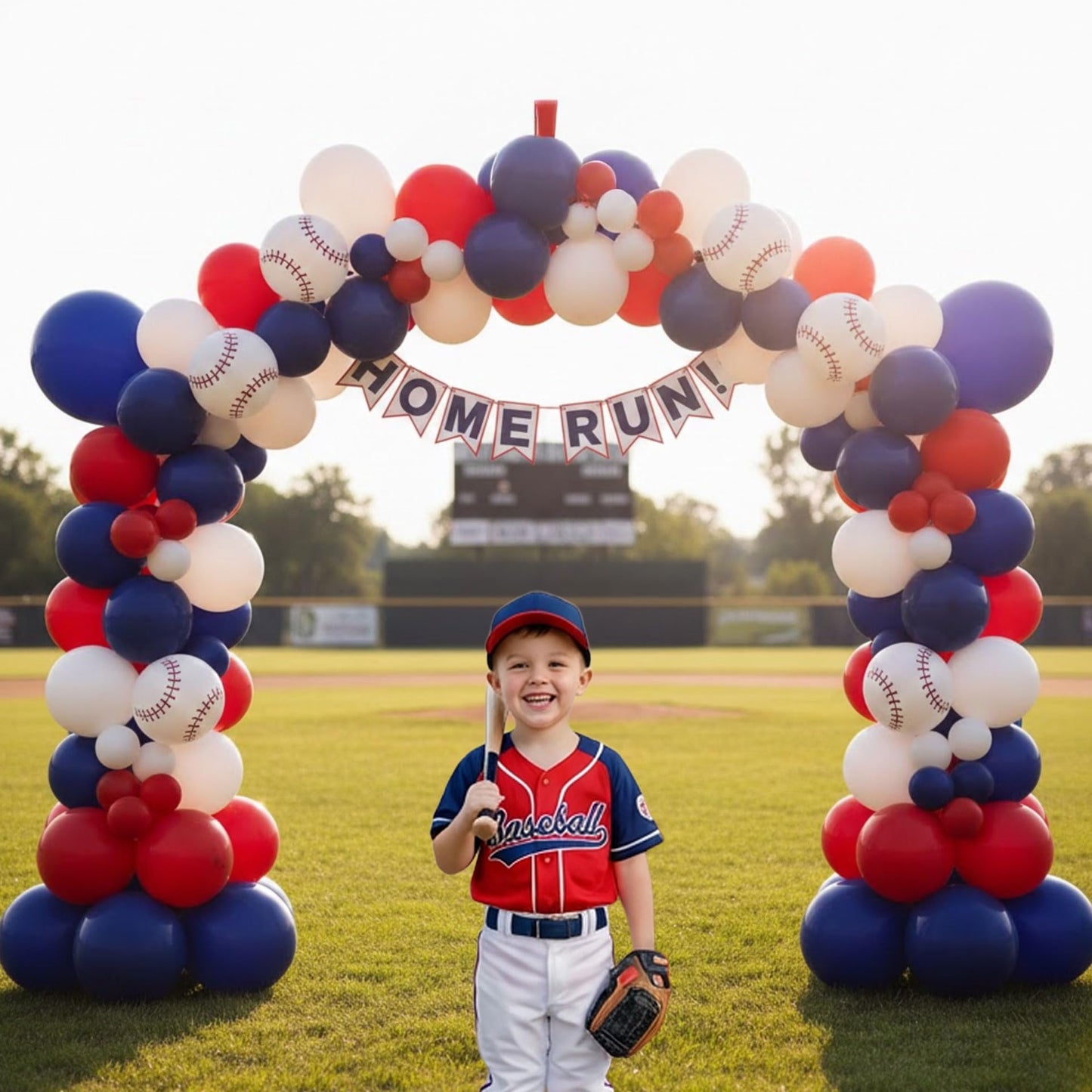 Baseball Balloon Arch Kit, Navy Blue Red White Balloon Garland with Baseball Print Baseball Bat and Glove Foil Balloons, for Rookie Year Baseball Birthday Party Decorations