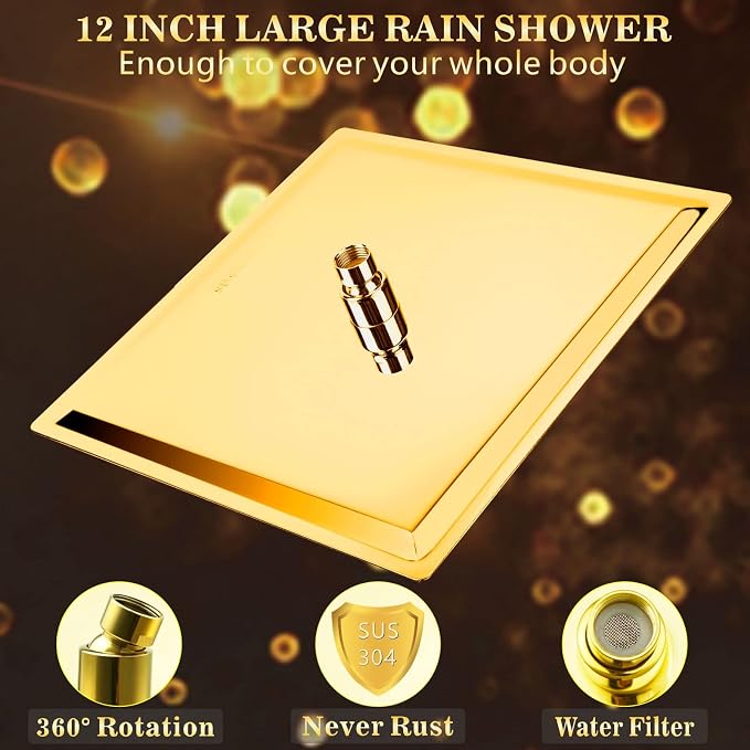 Voolan Rain Shower Head - High Flow Large Rainfall Shower Heads Made of Stainless Steel - Waterfall Bathroom Square Showerhead - Ceiling or Wall Mount (12" Gold)