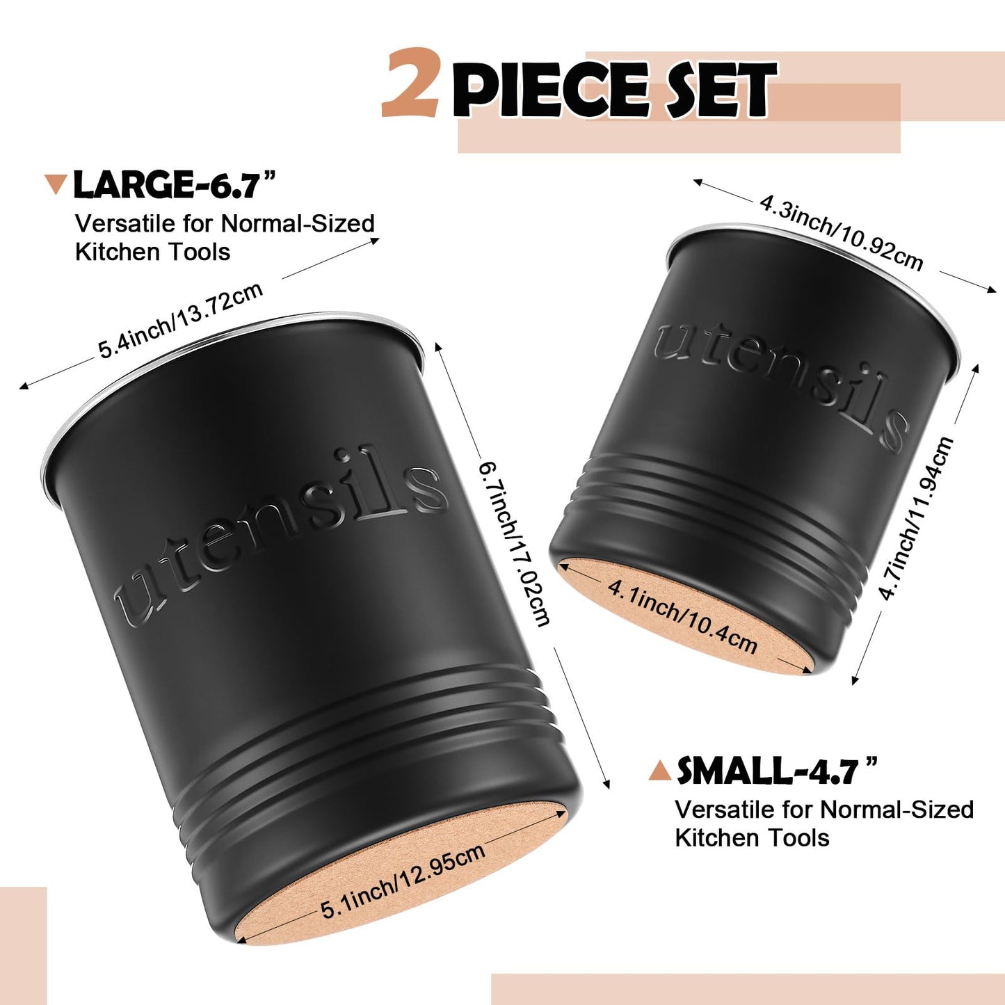 FoldTier 2 Pack Kitchen Utensil Holder for Counter 6.7"+4.7" Farmhouse Cooking Utensil Crock with Cork Bottom Modern Farmhouse Decors Countertop Storage Organizer Caddy Housewarming Gift(Black)