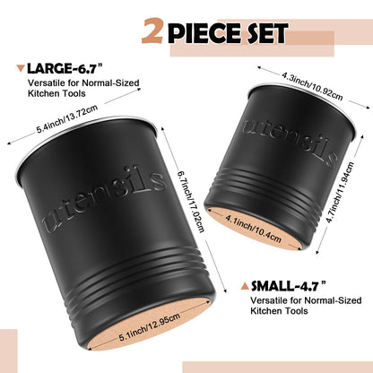 FoldTier 2 Pack Kitchen Utensil Holder for Counter 6.7"+4.7" Farmhouse Cooking Utensil Crock with Cork Bottom Modern Farmhouse Decors Countertop Storage Organizer Caddy Housewarming Gift(Black)