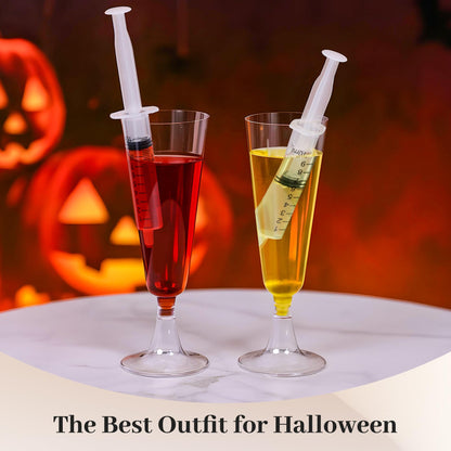 yeload Fun Halloween Champagne Flutes with Syringes – 12 Pack 5 oz Clear Disposable Wine Glasses – Spooky Party Cups for Adult Halloween Events & Easy Cleanup