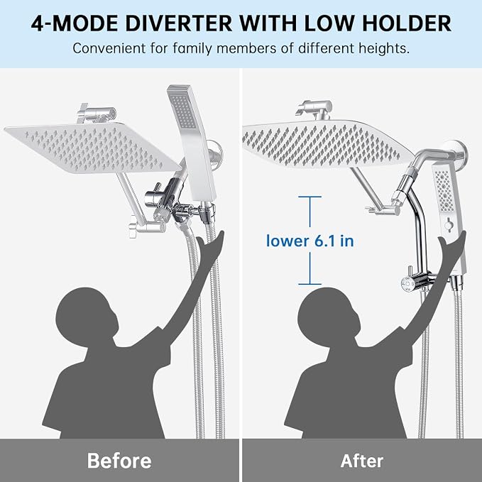 G-Promise All Metal 12 Inch Rain Shower Head with Massage Mode Handheld Spray Combo, 3-Way Diverter with Pause Setting, Full Body Coverage, Modern Bathroom Upgrade (Chrome)