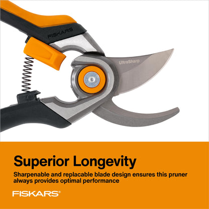 Fiskars Bypass Pruning Shears, 1" Cut Capacity Gardening Scissors, Forged Steel Replaceable Blade, SoftGrip Handle Garden Clippers, Rust Resistant Low Friction Coating for Branches & Stems