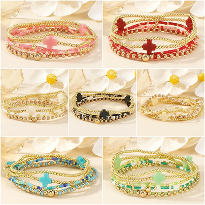 Bohxantium Gold Beaded Cross Bracelets Stack for Women, Blue Boho 5PCS Stackable Stretch Set with 14K Gold Beads - Waterproof Non Tarnish Jewelry for Beach Summer Party Christian Faith Friendship Gift