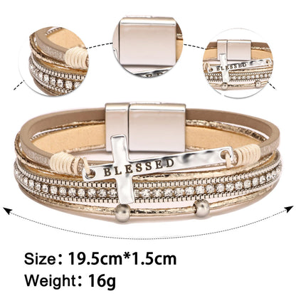 Leopard Bracelet for Women, Boho Leather Wrap Multi-Layer Pearl Crystal Bracelet Bangle Jewelry (Blessed Cross(Khaki))