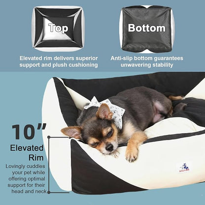 Cotton Canvas Dog Bed, Cute Dog Bed Medium Size Dog, Puppy Bed with Washable Removable Cover, Durable 290 GSM Cotton Anti-Chewing Pet Bed with Anti-Slip Bottom (30"x25"x10", Black&White)