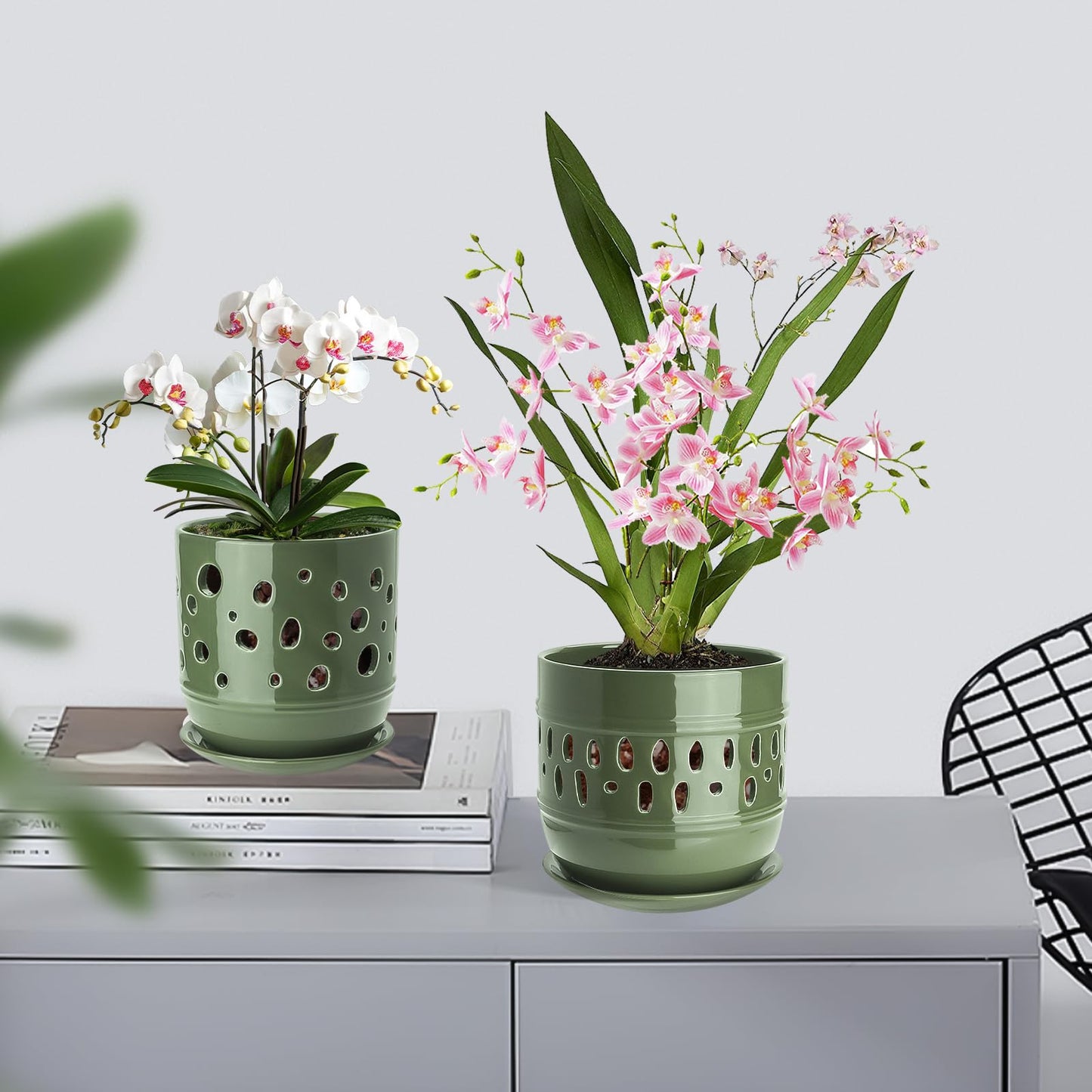 COLOAPT Orchid Pots, 5+6 Inch Orchid Pots with Holes, Ceramic Plant Pot with Drainage and Saucer, Enhance Good Ventilation, Indoor/Outdoor Flower Pot Set of 2 - Green