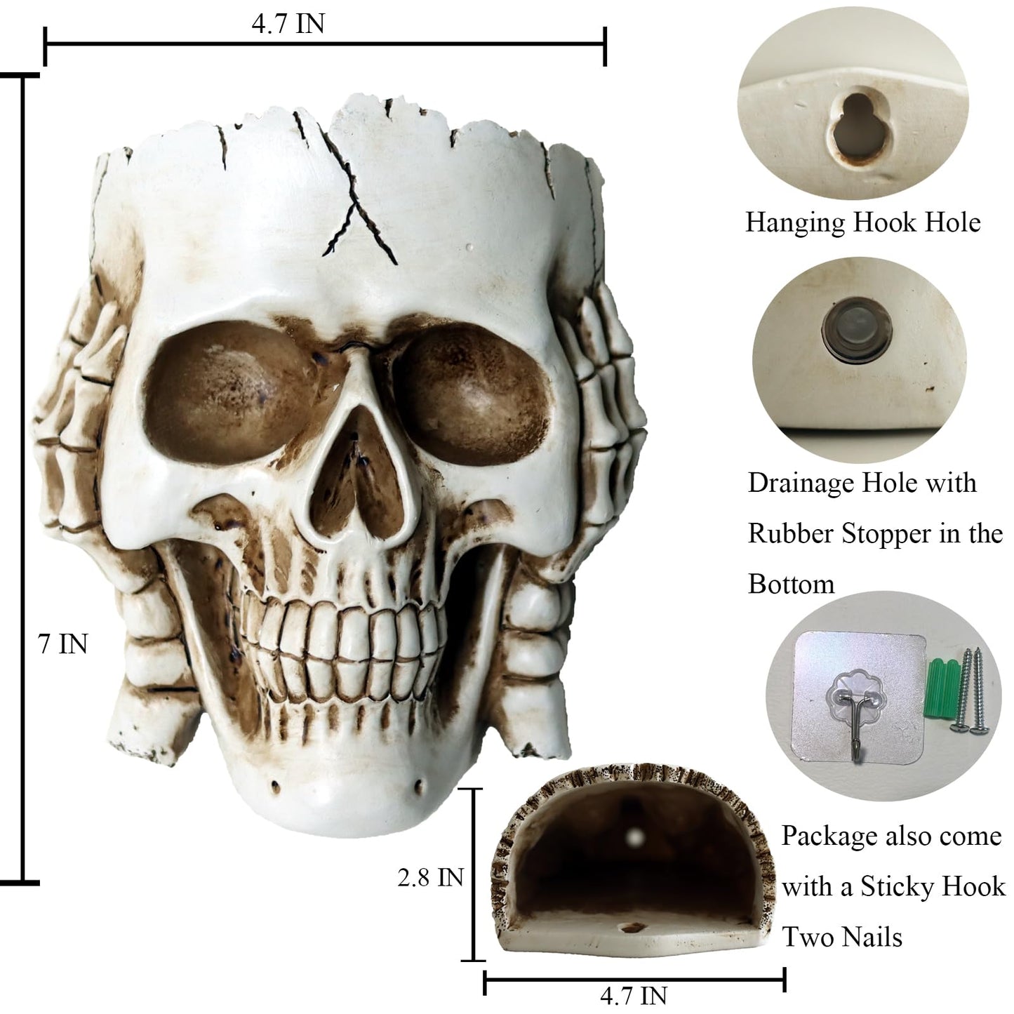 Dolkgy Skull Wall Planters Set of 3 – Hanging Skull Plant Pots for Indoor Outdoor Decor, White Gothic Wall Planter with Drainage, Succulent & Vine Planter for Halloween Home Décor