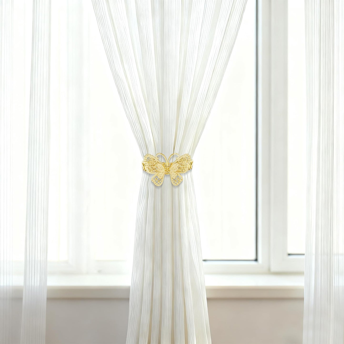 Butterfly Curtain Tiebacks 4 Pack, Gold Metal Curtain Holdbacks, Decorative Boho Curtain Tie Backs for Drapes, Self-Closing Window Curtain Holders for Home Office Cafe Balcony (Gold)