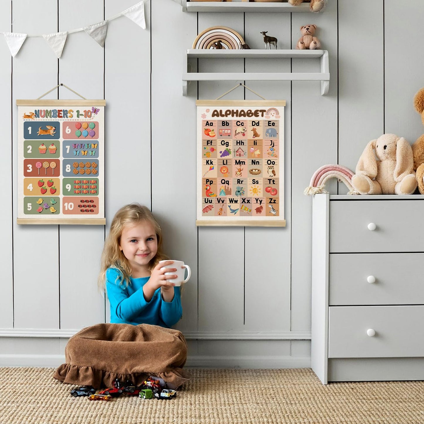 Alphabet Numbers Wall Art Poster Set of 2 ,Boho Educational Canvas Posters for Classroom,1-6 Toddlers ABC and 1-10 Numbers Learning Banner for Preschool Nursery Playroom,Kids Room Decor 14x18.5 Inch