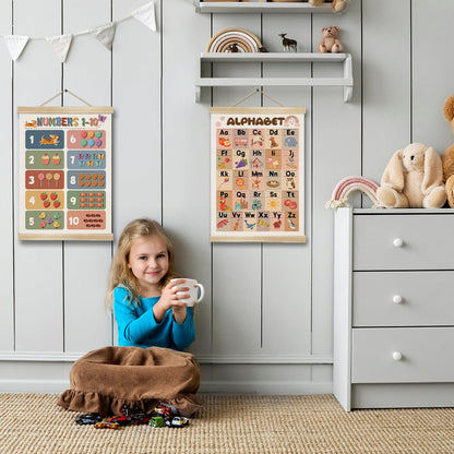 Alphabet Numbers Wall Art Poster Set of 2 ,Boho Educational Canvas Posters for Classroom,1-6 Toddlers ABC and 1-10 Numbers Learning Banner for Preschool Nursery Playroom,Kids Room Decor 14x18.5 Inch