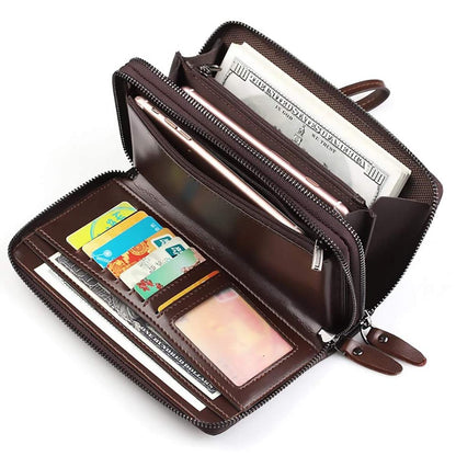 Large Wallet Clutch Long Leather Cellphone Purse Business Hand Cluth Bag Cell Phone Holster Creit Card Holder Card Lots Case Travel Wallet Gift for Men Women Father Husband Boyfriend (Double-Brown)