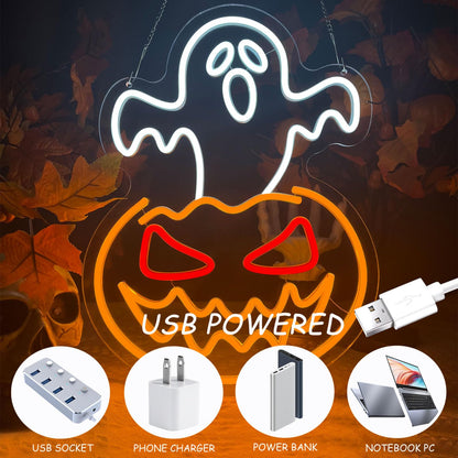 Halloween Ghost Pumpkin Neon Sign,Ghost Face Neon Light Spooky Pumpkin Neon Light Up Signs Dimmable LED Halloween Skull LED Sign for Bedroom Game Room Mancave Bar Halloween Party