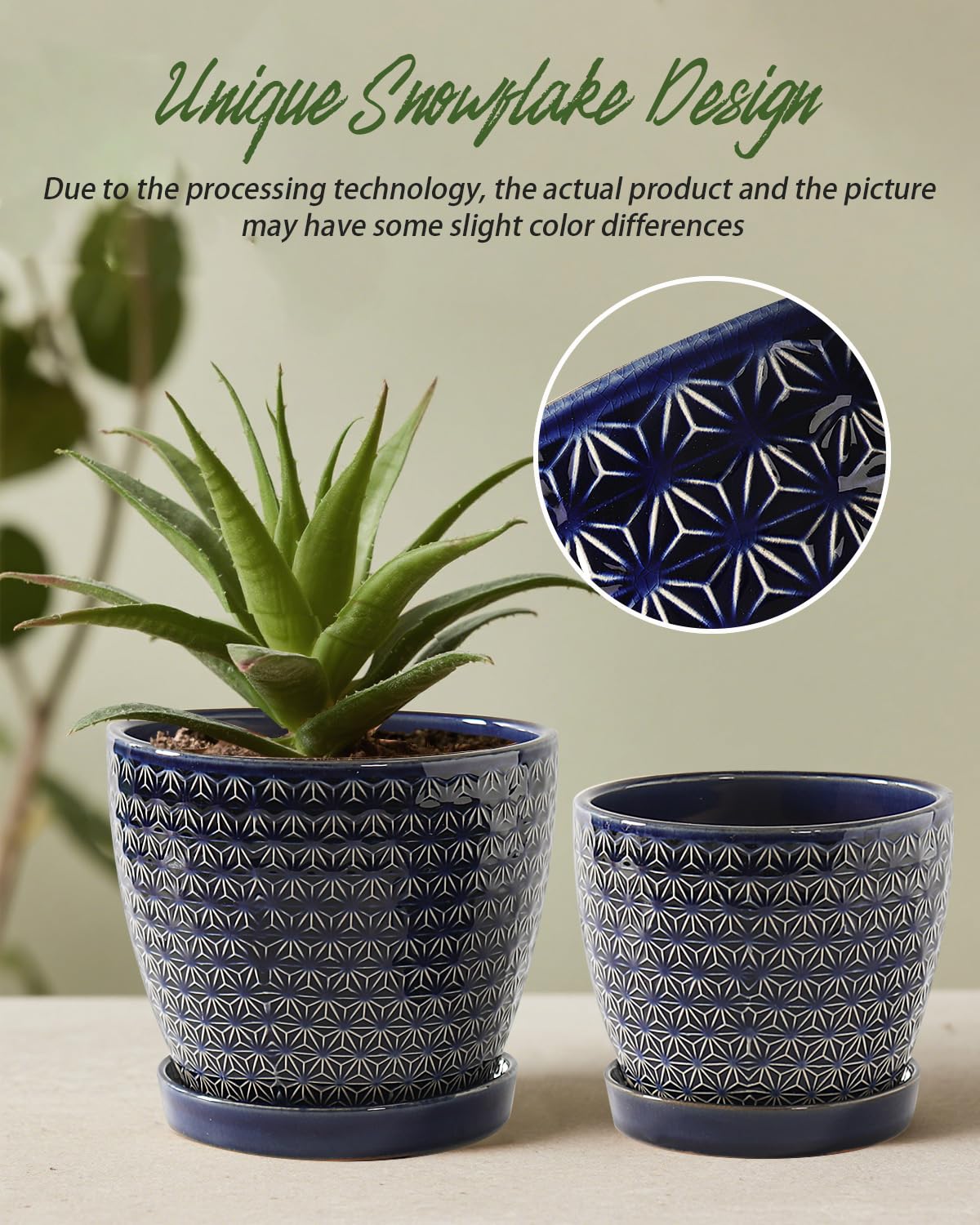 Plant Pots, Planters for Indoor Plants, Ceramic Plant Pots, 6.5+5.5 inch Plant Pot with Drainage and Saucer, Pots for Plants with Hole Mesh Pad, Set of 2, Reactive Glaze Blue