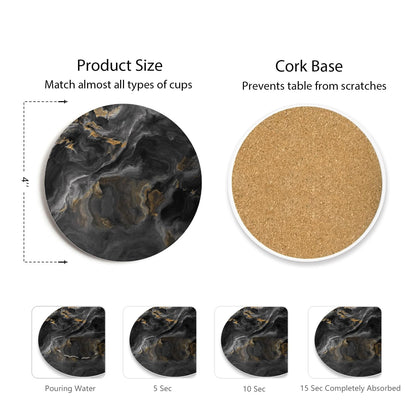 Hoomey Set of 6 Abstract Black Marble Coasters with Holder, Absorbent Ceramic Coasters for Drinks, Coasters with Cork Backing for Table Protection, Housewarming Gifts for New Home