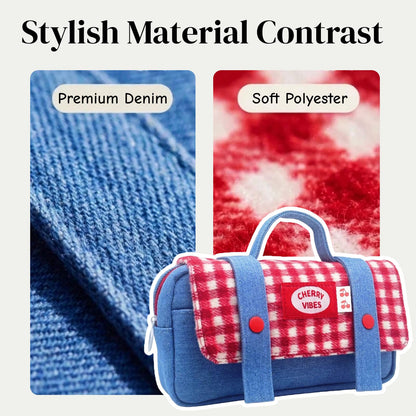 Haumei Cute Checkered Pencil Case, Red White Plaid with Denim Patchwork, Large Capacity Gingham Pattern Pen Bag with Handle, Big Stationery Organizer, Multi-Use Storage Pouch, 8.7x1.6x4.7 Inches, Blue