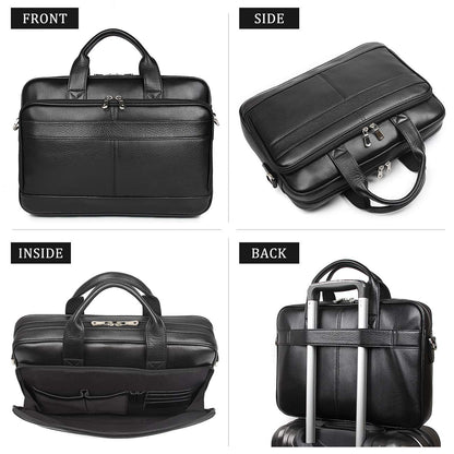 Augus Genuine Leather Messenger Bag for Men Vintage Travel Backpack 14 inch laptop Briefcase Shoulder Bags Black With YKK Metal Zipper