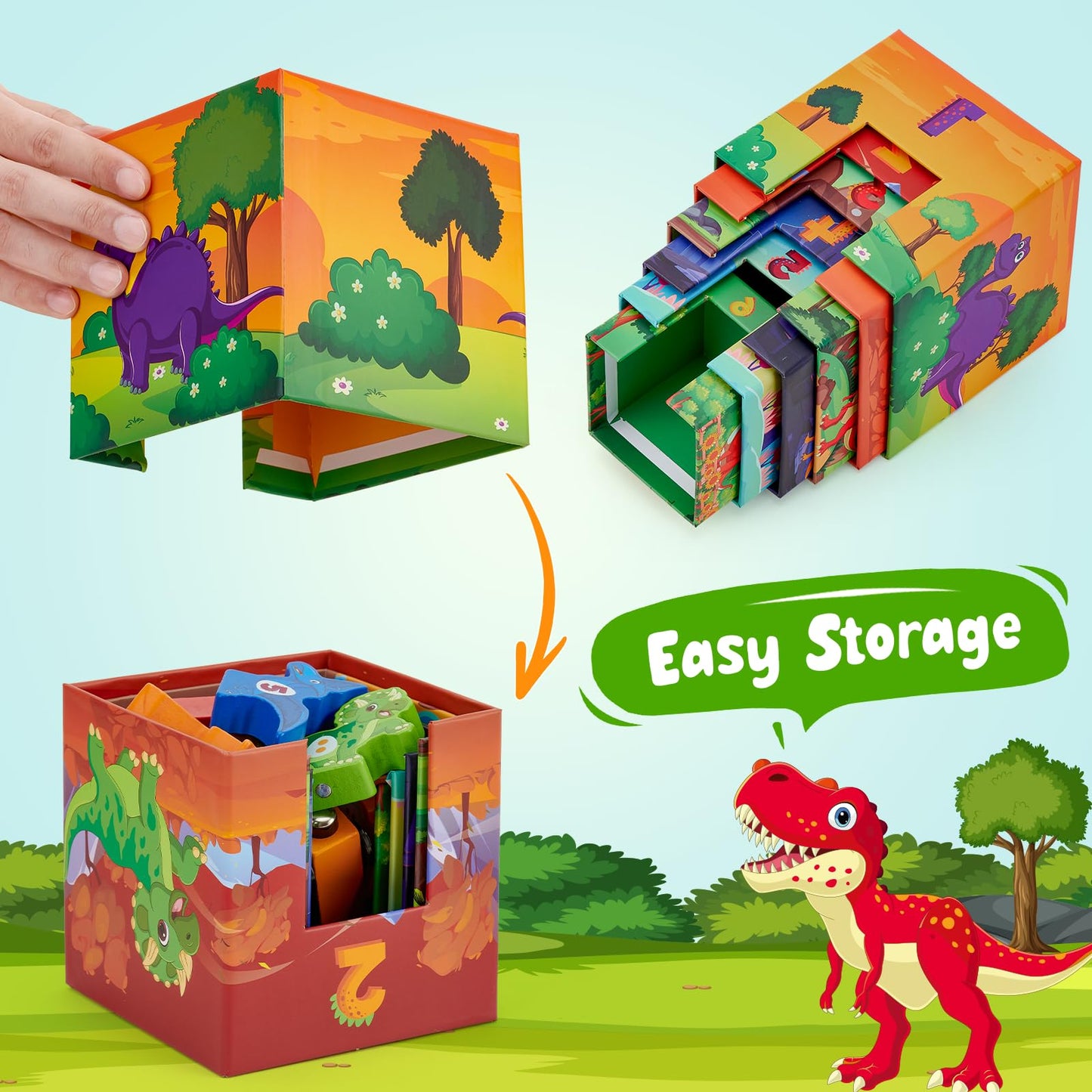 Atoylink Toddler Dinosaur Sorting and Stacking Toys with Magnetic Wooden Dinosaur Train Set, Baby Number Blocks Nesting Boxes Preschool Learning Montessori Toys for 1 2 3 Year Old Boys Girls Gift