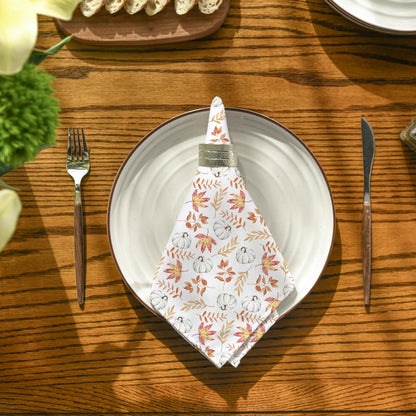 Horaldaily Fall Cloth Napkins 18 x 18 Inch, Thanksgiving Autumn Harvest White Pumpkin Orange Leaf Party Dinner Decoration Washable Napkins Set of 6