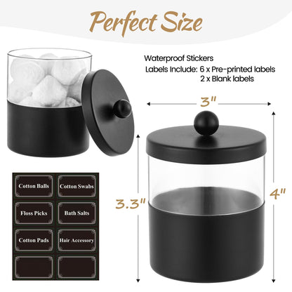 Gaussra Black Apothecary Jars, Black Qtip Holder - Stainless Steel Bathroom Jar with Stickers - Farmhouse Decor Qtip Dispenser for Qtips, Cotton Balls, Swabs, Makeup Sponges (2-Pack)