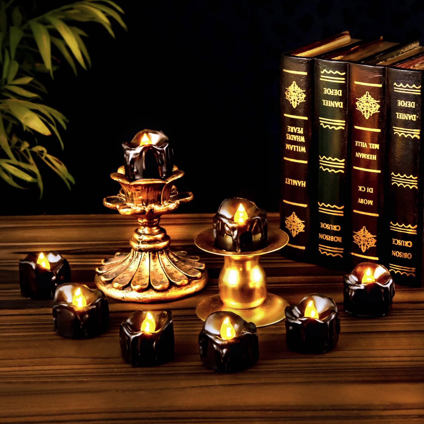 Windshell Black Tealight Candles with Auto 6H Timer (No Remote), Battery Operated LED Flameless Tea Lights with Melting Design, for Halloween Wedding Party, 12 Pack
