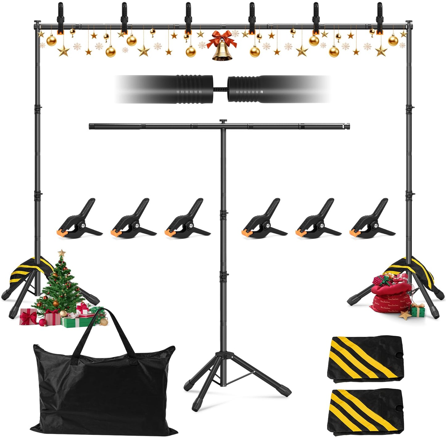 3-in-1 Adjustable Backdrop Stand 10 x 7.5 FT, Portable Photography Background Stand Kit with Carrying Bag, 6 Clamps & 2 Sandbags for Studio, Party, Video, Banner Display