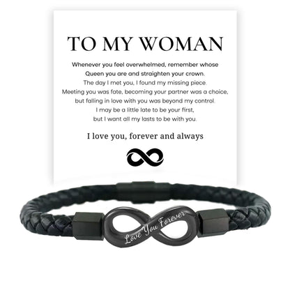 To My Wife, Feel My Love Infinity Leather Bracelet Love You Forever and Always Stainless Steel Bracelets Wife Bracelet from Husband Valentine Birthday Christmas Mother's Day Jewelry for Her(Infinite Black)