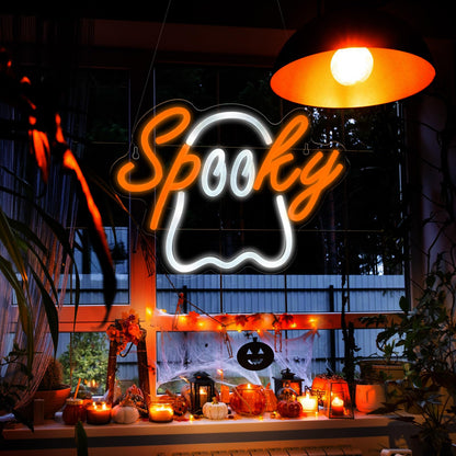 Halloween Ghost Neon Sign Acrylic LED Spooky Light Sign Cute Ghost Wall Hanging Neon Widow Door Light for Halloween Party Bedroom Bar Cave Room Decor