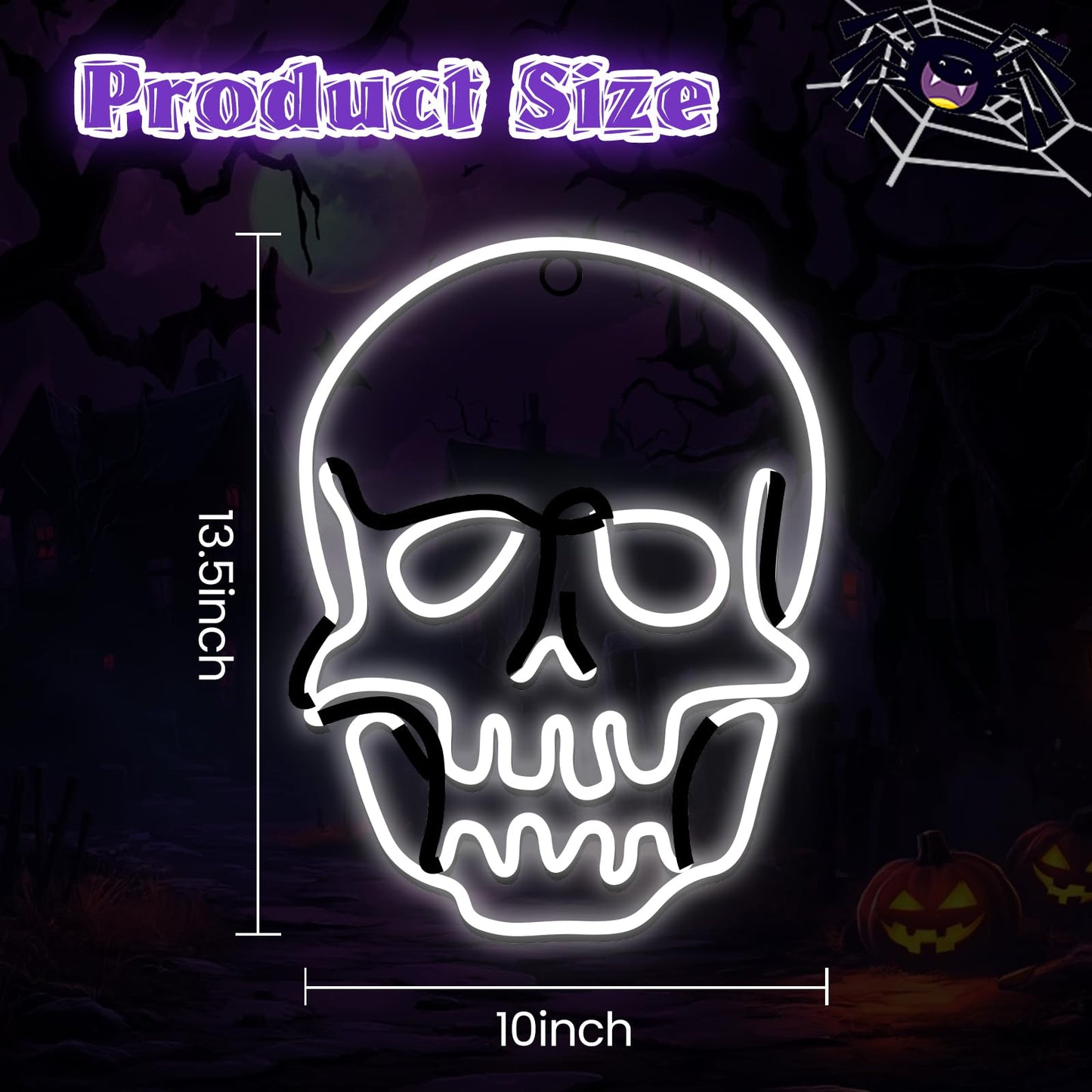 Flickering 13.5" Skull Neon Sign, 396 LED Pre-lit Skull Lights Plug in Hanging Scary Spooky Outdoor Halloween Decor for Yard, Porch, Garage, Party - Cool White　(No Constant Light)