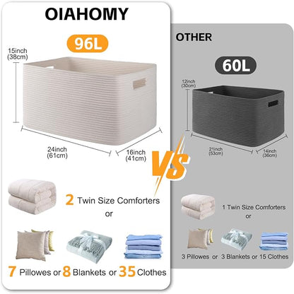 OIAHOMY XXLarge Rectangle Blanket Basket-96L, Cotton Woven Basket for Storage, Dirty Clothes Basket for Living Room, Nursery, Bedroom, Toy Organizing with Handle, 24" x 16" x 15", White