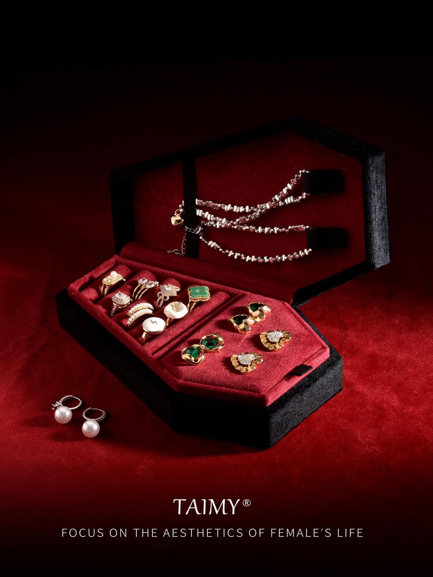TAIMY Coffin Jewelry Box, Mini Coffin Shaped Gothic Jewelry Case, Plush Velvet Small Jewelry Organizer for Earrings Rings Necklaces Bracelets(Black-Red)
