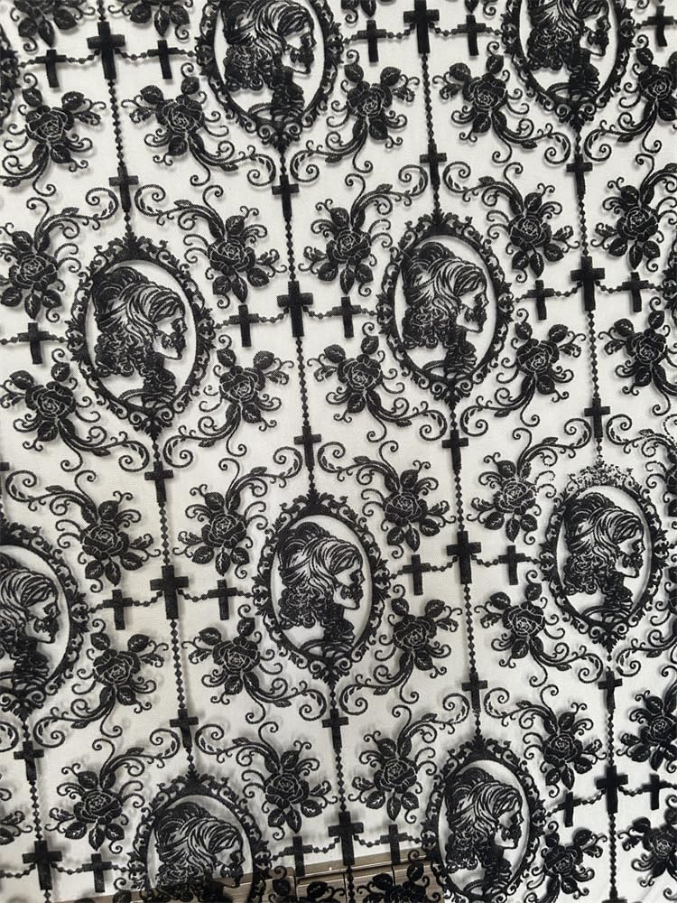 55 Inch Lace Fabric Soft Black Skull Lace Fabric Cross Floral Tulle Fabric for DIY Dress Top Dress Sew,Party Overlay,Curtains,Tablecloth,Halloween Decor (Black (1 Yard))