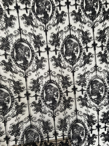 55 Inch Lace Fabric Soft Black Skull Lace Fabric Cross Floral Tulle Fabric for DIY Dress Top Dress Sew,Party Overlay,Curtains,Tablecloth,Halloween Decor (Black (1 Yard))