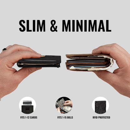 Kings Loot Money Clip Slim Minimalist Wallet for Men – RFID Blocking Leather Design with Money Clip – Front Pocket Bifold Holds 12 Cards – Stylish & Compact Wallets (Black)
