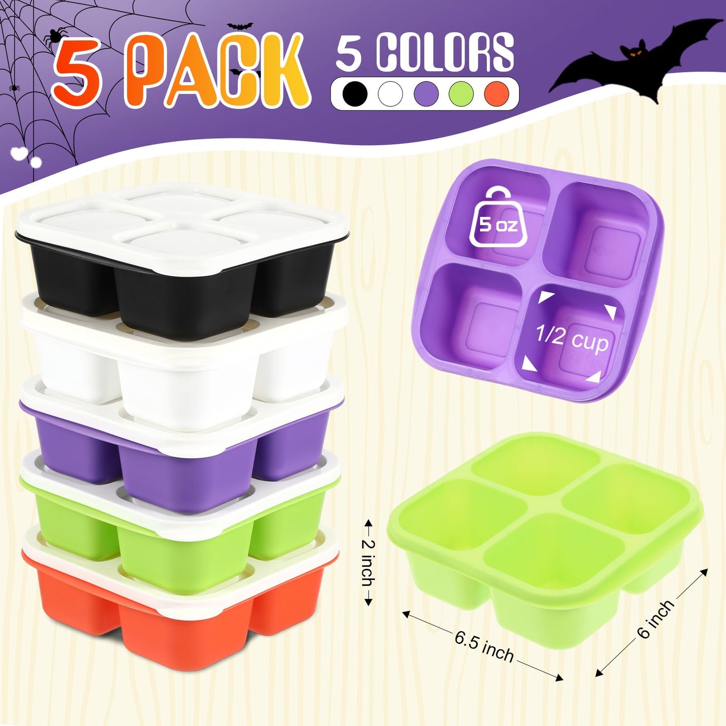 Honeydak 5 Pack Snack Containers 4 Compartment Bento Snack Boxes Reusable Lunchable Containers with Lids Divided Meal Prep Lunch Food Storage Box for School Work Travel(Halloween,Equal)