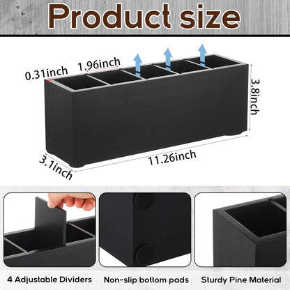 Jetec Wooden Pencil Pen Holder for Desk 5 Compartments Cosmetic Makeup Brush Stationery Office Desktop Organizers for Countertop Adjustable Silverware Caddy for Party, Art Supplies,Home decor(Black)
