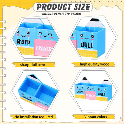 Eaasty Pencil Shaped and Sharp Dull Holder Eraser Wooden Dispenser Pencil Storage 3 Compartments for Back to School Teachers Classroom Organization(1 Pack,Blue Face)